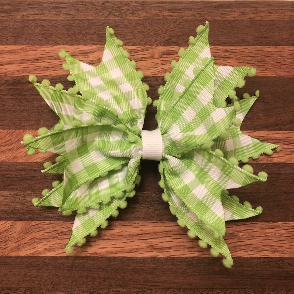 Green and White Plaid with Pom Poms Bow - Picture 1 of 1